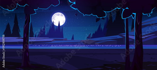Moonlit Forest River at Night – Fantasy Woodland Landscape Vector Background