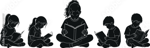 Black silhouette set of children reading books, sitting boys and girls collection isolated on white background for education and literacy.