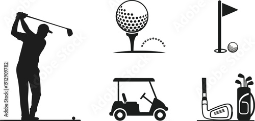 Golf equipment and play with golf cart, golfer in a swinging pose, golf ball on a tee, and a golf bag full of clubs, flagstick marking a hole, a putter silhouette. 