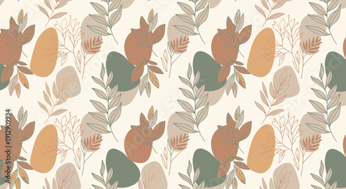 Boho Botanical Pattern Seamless Repeat - Abstract Organic Shapes and Leaves