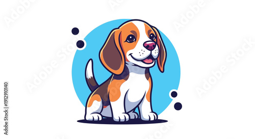 Happy beagle puppy sitting with a joyful expression on a white background