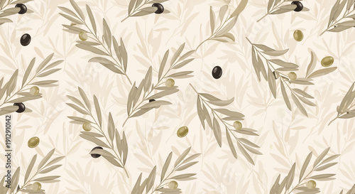 Seamless Olive Branch Pattern with Berries - Botanical Illustration