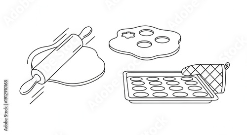 Baking preparation: Rolling dough, cookie cutters, and baking sheet with oven mitt