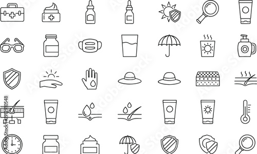 Summer Travel and Safety Line Icon Set with Sunscreen, First Aid, Sun Protection, Vacation Accessories, Weather, and Outdoor Care Symbols for Web and App Design