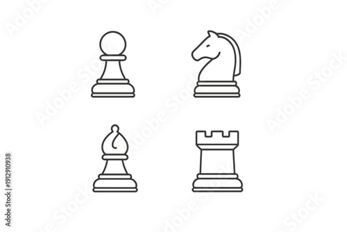 A set of four minimalist chess piece icons including a pawn, knight, bishop, and rook, presented as white line art outlines on a solid black background for a clean graphic design.