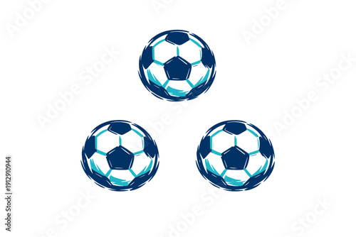 Three stylized soccer balls in shades of blue are arranged in a triangle on a black background. The graphic design features artistic brush strokes and a modern, sporty aesthetic.