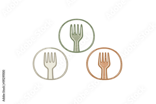 Three stylized fork icons are arranged in a triangular pattern against a black background. Each fork is enclosed within a circle and features a textured, hand-drawn aesthetic in muted tones.