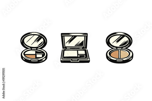 Three open makeup compacts with mirrors and powder pans are displayed against a solid black background. The graphic illustration features a high-contrast black and white style with beige accents.