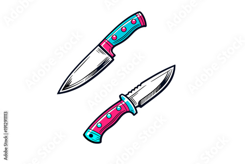 Two stylized cartoon knives with vibrant pink and cyan handles are displayed against a solid black background. The blades are white with black hatching for shading and detail.