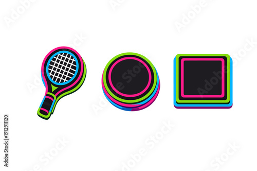 Three vibrant neon icons featuring a tennis racket, a circular disc, and a square frame are displayed against a solid black background with glowing pink, green, and blue outlines.