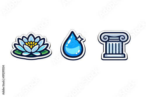 Three stylized icons featuring a blue lotus flower on a lily pad, a sparkling blue water drop, and a classical architectural column, all set against a solid black background.