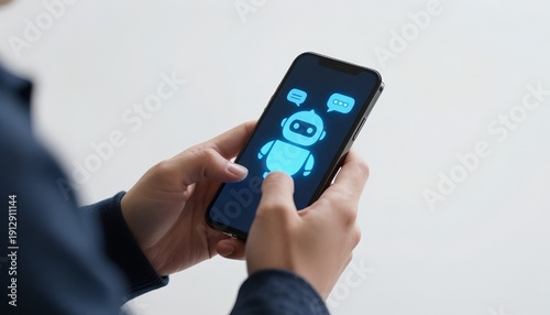 Businessman using a mobile phone with a virtual chatbot icon, symbolizing AI technology, virtual assistant solutions, customer service automation, and digital communication innovation.