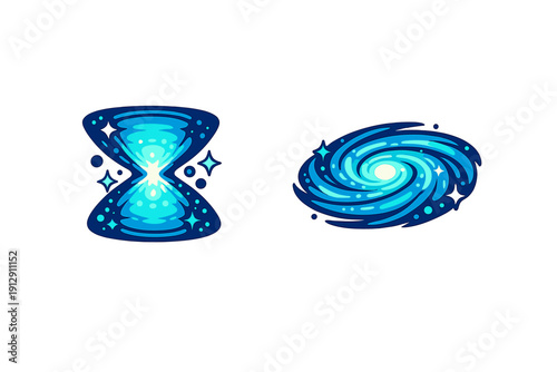 Two stylized cosmic illustrations featuring a blue hourglass nebula and a swirling spiral galaxy with glowing centers and bright stars against a solid black background.