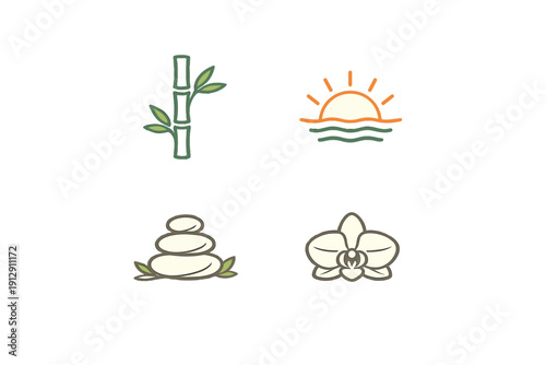 A collection of four minimalist spa and wellness icons featuring a bamboo stalk, a rising sun over waves, a stack of zen stones with leaves, and a white orchid flower on a black background.