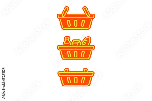 Three glowing orange neon icons of shopping baskets are displayed vertically on a black background. One basket is filled with groceries while the others are empty with handles up or down.