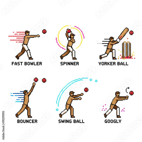 Cricket players in various bowling actions with motion lines