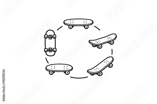 A black and white illustration shows five skateboards arranged in a circular formation against a dark background. Each board is depicted from a different perspective and angle.