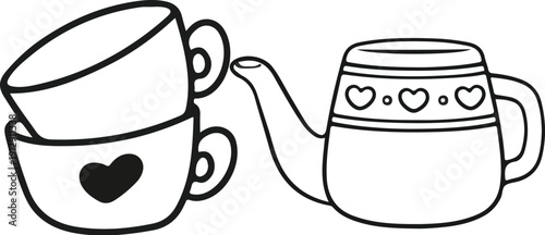 Hand-Drawn Minimalist Teapot and Stacked Teacups with Heart Detail