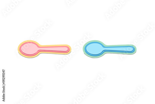 Two stylized paper-cut spoons in pink and blue colors are displayed horizontally against a solid black background. The layered design creates a three-dimensional effect for the utensils.