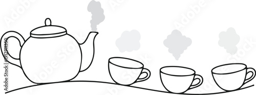 Minimalist Hand-Drawn Teapot and Teacups Set with Stylized Steam Detail
