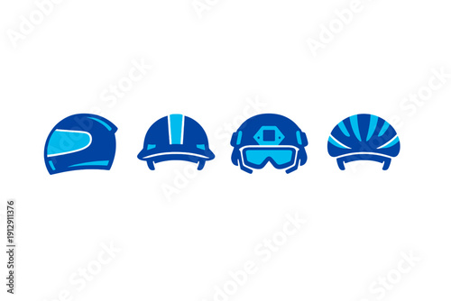 This illustration features four different types of protective headgear icons in shades of blue, including a motorcycle helmet, construction hard hat, tactical gear, and bike helmet.