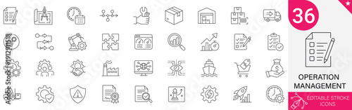 Operation Management Icons Set. Industry, Logistics, Production, Supply Chain, Factory, and Workflow Symbols. 36 Professional Line Icons with Editable Stroke. Ideal for Business Systems.