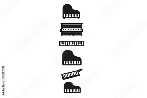 A collection of black silhouette icons representing various musical instruments including grand pianos, upright pianos, and keyboards, isolated on a plain white background.