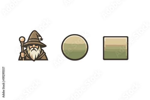 A vector illustration featuring a cartoon wizard with a staff and beard alongside a matching circle and square shape, all set against a solid black background with thick outlines.