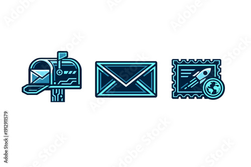 A set of three futuristic blue icons representing mail and communication, featuring a digital mailbox, a geometric envelope, and a postage stamp with a rocket and globe.
