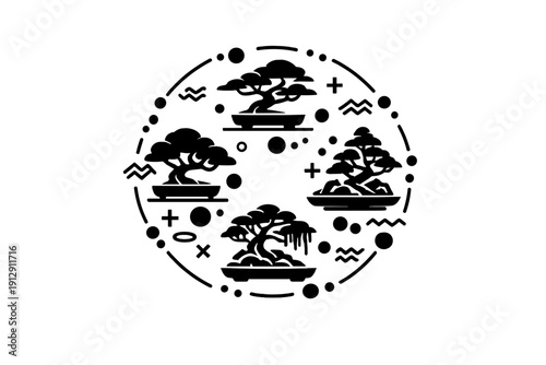 This minimalist black and white line art illustration showcases four unique bonsai trees in pots, set within a circular frame and accented with simple geometric shapes.