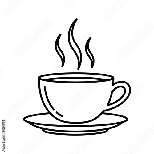 A simple line drawing of a steaming hot cup of coffee on a saucer Vector