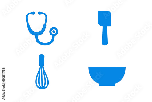 A set of four blue icons featuring a stethoscope, a kitchen spatula, a wire whisk, and a mixing bowl, all presented in a minimalist flat style against a solid black background.