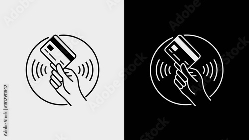 Contactless Payment Icon: A minimalist icon depicting a hand holding a credit card over a wireless signal, conveying the concept of modern contactless payment methods, transactions.