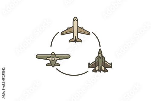 A minimalist illustration of three aircraft types?a commercial airliner, a propeller plane, and a fighter jet?arranged in a circular pattern against a solid black background.
