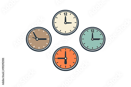 Four colorful analog clocks are arranged in a diamond shape against a solid black background. Each clock face has a different color and shows a different time in a flat graphic style.