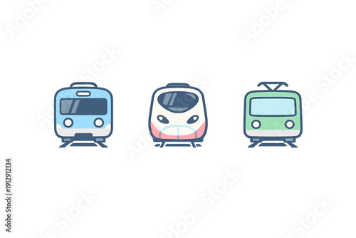 Three colorful cartoon train icons are displayed in a row against a solid black background. The set includes a blue commuter train, a white and pink fast train, and a green city tram.