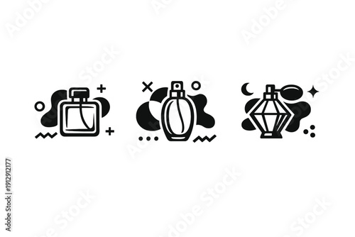 A set of three minimalist black and white line art icons representing different perfume bottle designs with abstract decorative elements like stars and wavy lines on a dark background.