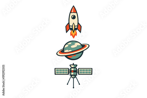 A vertical arrangement of three space-themed illustrations featuring a rocket ship, a ringed planet, and a satellite against a solid black background in a retro flat art style.