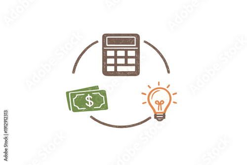 A hand-drawn illustration featuring a calculator, green dollar bills, and a glowing light bulb arranged in a circular pattern on a black background, representing financial ideas.
