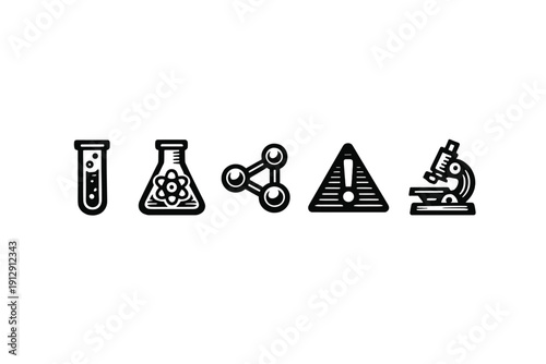 A collection of five black line icons representing science and laboratory equipment, including a test tube, Erlenmeyer flask, molecule, warning sign, and microscope on a white background.