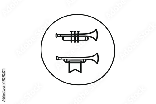 A minimalist black line art illustration on a white circle featuring a trumpet with valves and a herald trumpet with a hanging banner, set against a dark background.