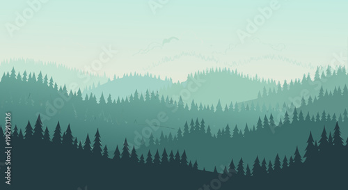 Serene misty forest landscape with layered trees