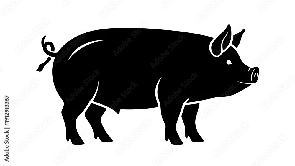 Fototapeta premium A black pig silhouette standing on a transparent background with a white outline