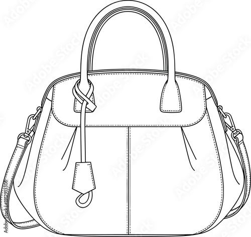 Minimal line art illustration of stylish women handbag with shoulder strap and decorative knot in elegant modern outline style isolated
