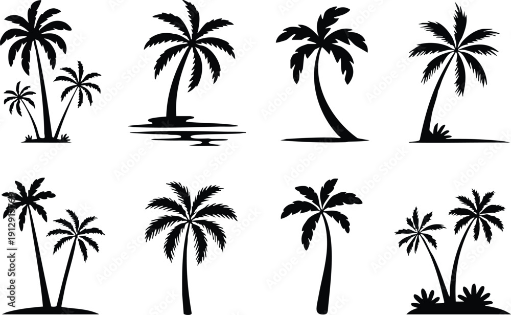 Naklejka premium Collection of Minimalist Palm Tree Silhouettes, Monochrome Graphic Set: Stylized Tropical Island Flora, vector, illustration, silhouette.