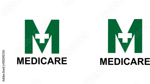 Professional vector logo design for “MEDICARE” featuring bold green letter M with integrated medical cross and arrow, symbolizing healthcare, assistance, and modern clinical branding.
