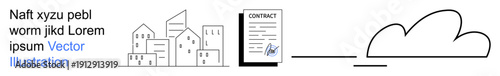 Urban development, legal paperwork, document digitalization, cityscape, cloud connectivity, remote access. Line-art of buildings, a contract and a cloud connection symbol. Urban development