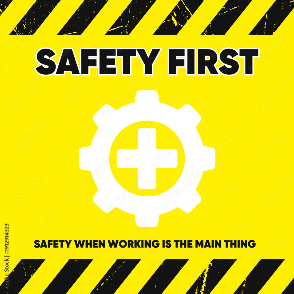 Obraz premium Yellow Safety First Sign with Gear and Cross Symbol 