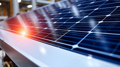 A near view of a freshly produced solar panel glistening under industrial lights illustrating the smooth interface between perovskite and tandem layers that contribute to the high efficiency