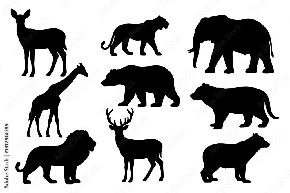 Fototapeta premium Hand Drawn Animal Silhouettes Icon Sheet – Lion, Tiger, Elephant, Giraffe, Zebra and More